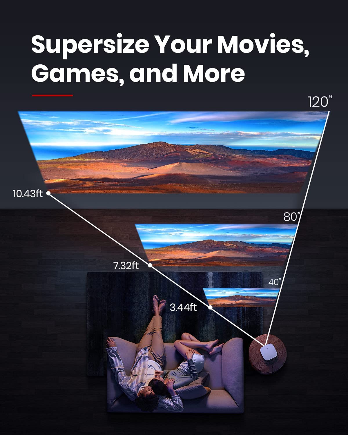 A couple sits on a loveseat with a Nebula Solar projector next to them that projects 3 screens at 30&quot;, 60&quot;, and 120&quot;.